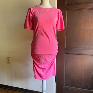 SUNDRY | Pink Slub Puff Sleeve Ruched Skirt T Shirt Dress | Size 2 / Size Medium